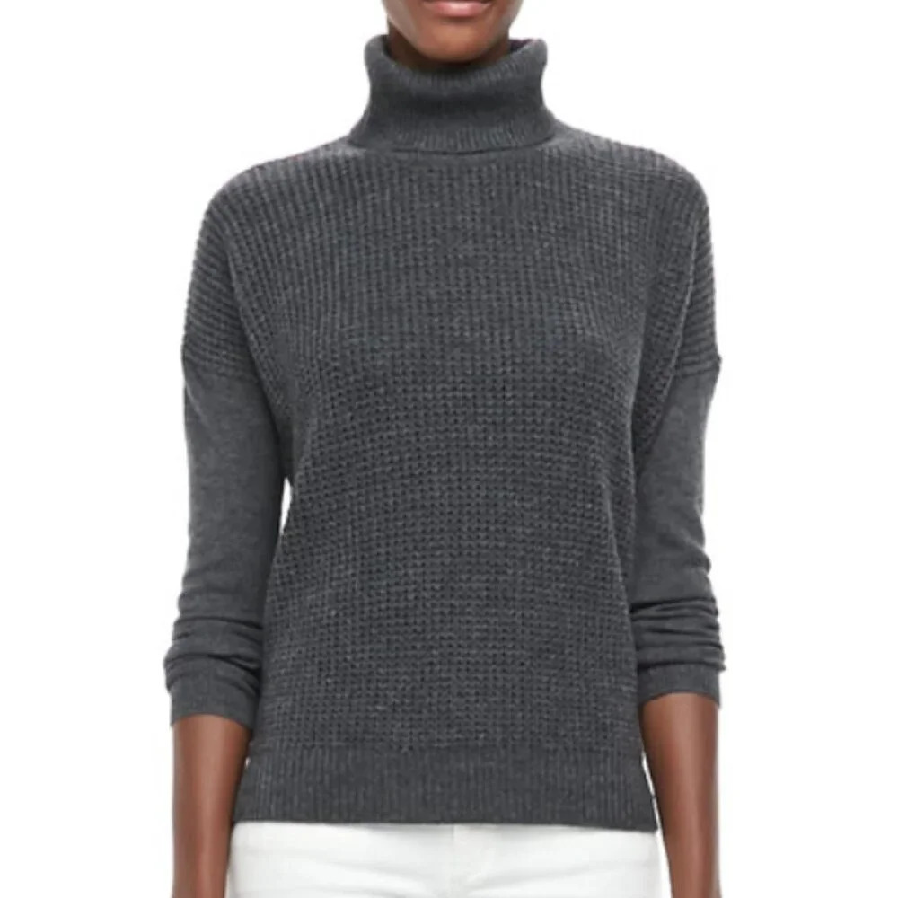 Theory Aldanta 100% Cashmere Sweater Turtleneck Waffle Knit Ribbed Gray S Small